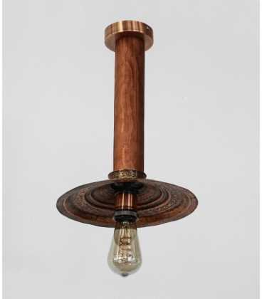 Οld copper pot lid and wood pendant light 236