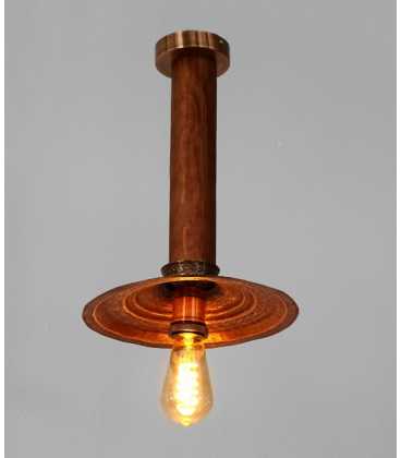 Οld copper pot lid and wood pendant light 236